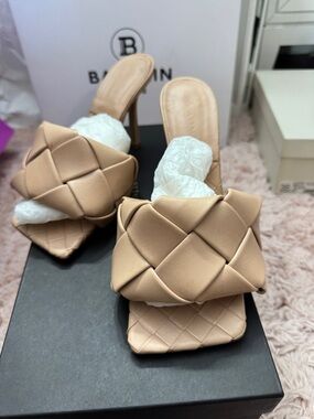Bottega Veneta Woven Slide Mules in Beige